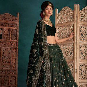 Dark Green and Gold Embroidered Velvet Lehenga